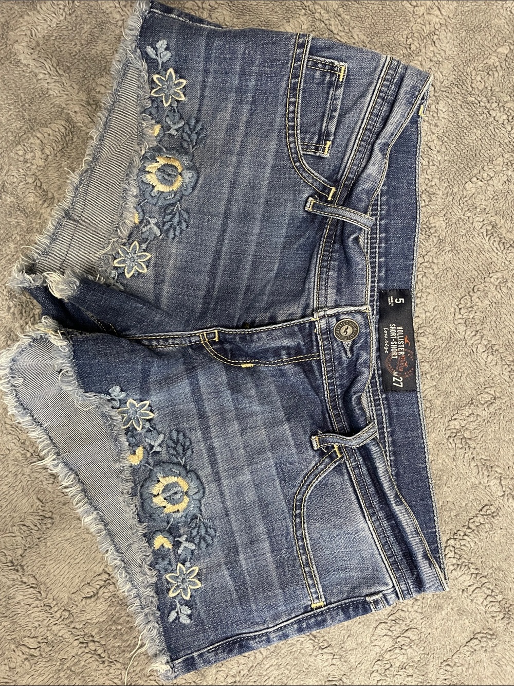 Hollister Women's Blue Denim Jean Shorts with Floral Embroidery